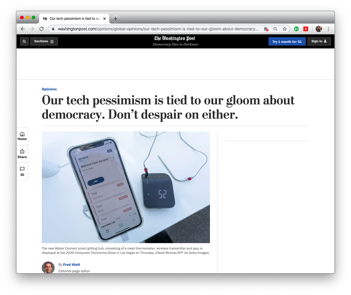 Screenshot of the Fred Hyatt's editorial on pessimism about technology and democracy in the Washington Post