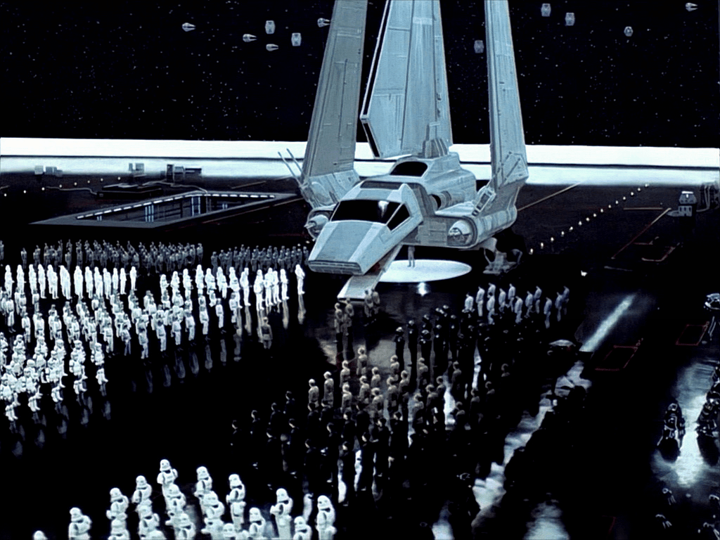 Still of the arrival of the emperor in Return of the Jedi. Strongly reminiscent of Nazi aesthetics.