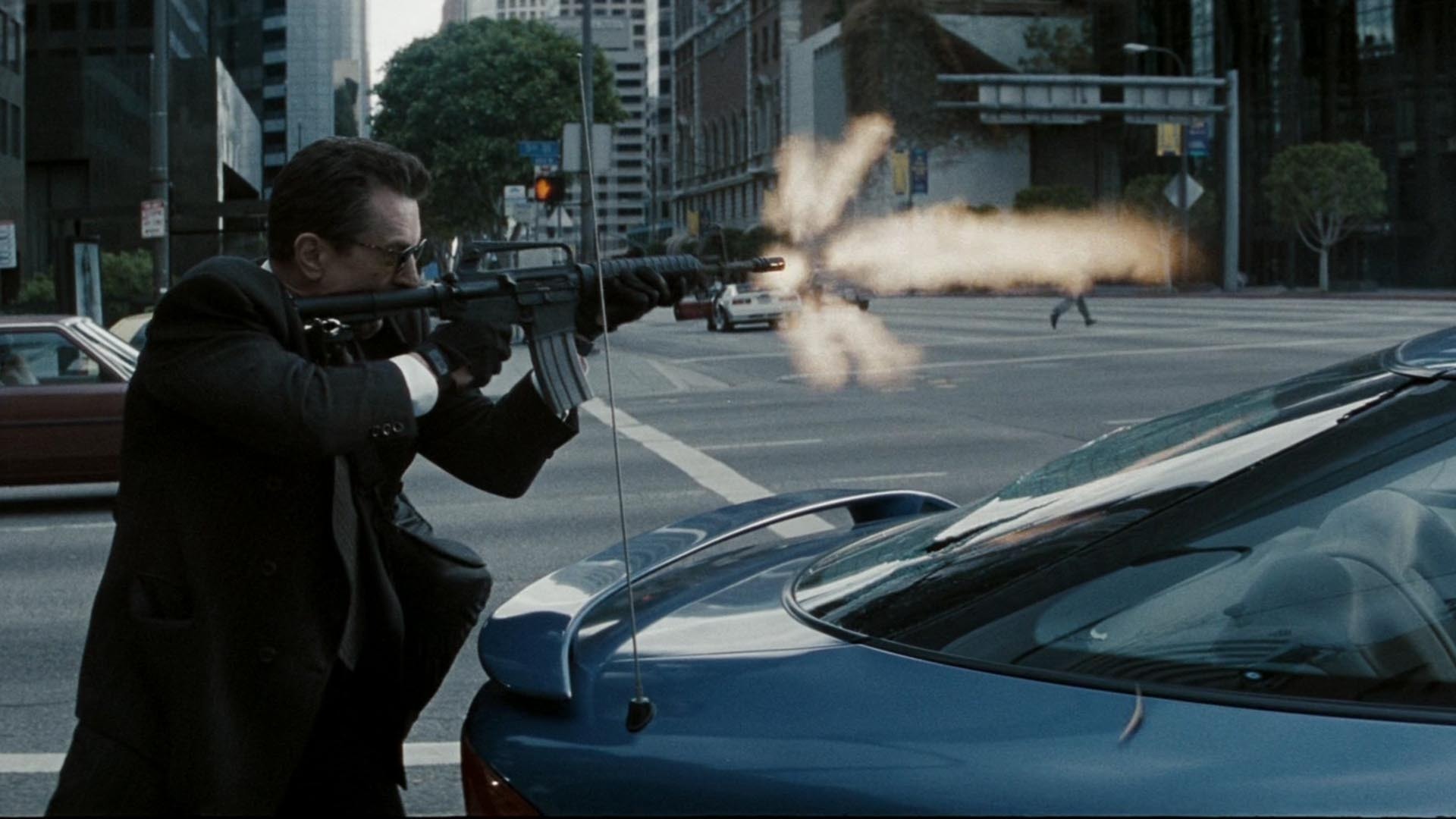 Still from the major scene in the 1995 Michael Mann film "Heat", in which the bank robbers are engaged in a gun battle with police