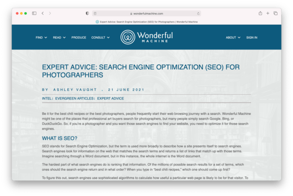 Screenshot of the "Expert Advice: SEO for Photographers," an article published on Wonderful Machine.com