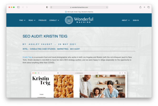 Screenshot of the "SEO Audit: Kristin Teig," an article published on Wonderful Machine.com