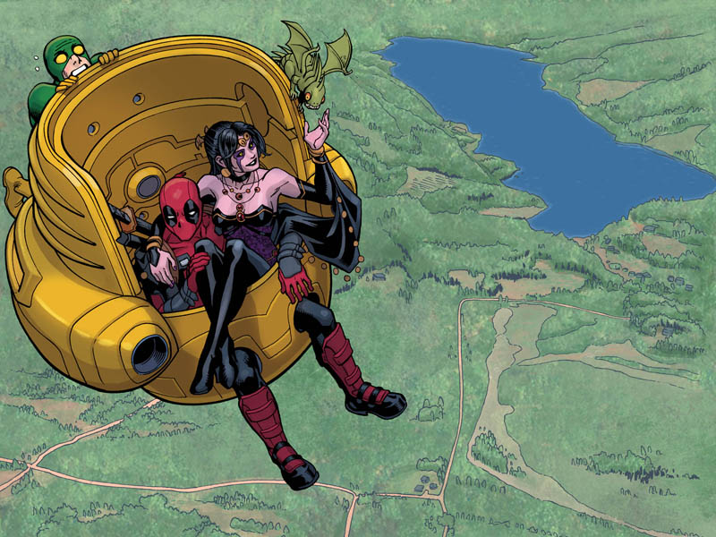 Deadpool, Shiklah, and an AIM soldier friends with the former. Flying around in M.O.D.O.K.'s chair.