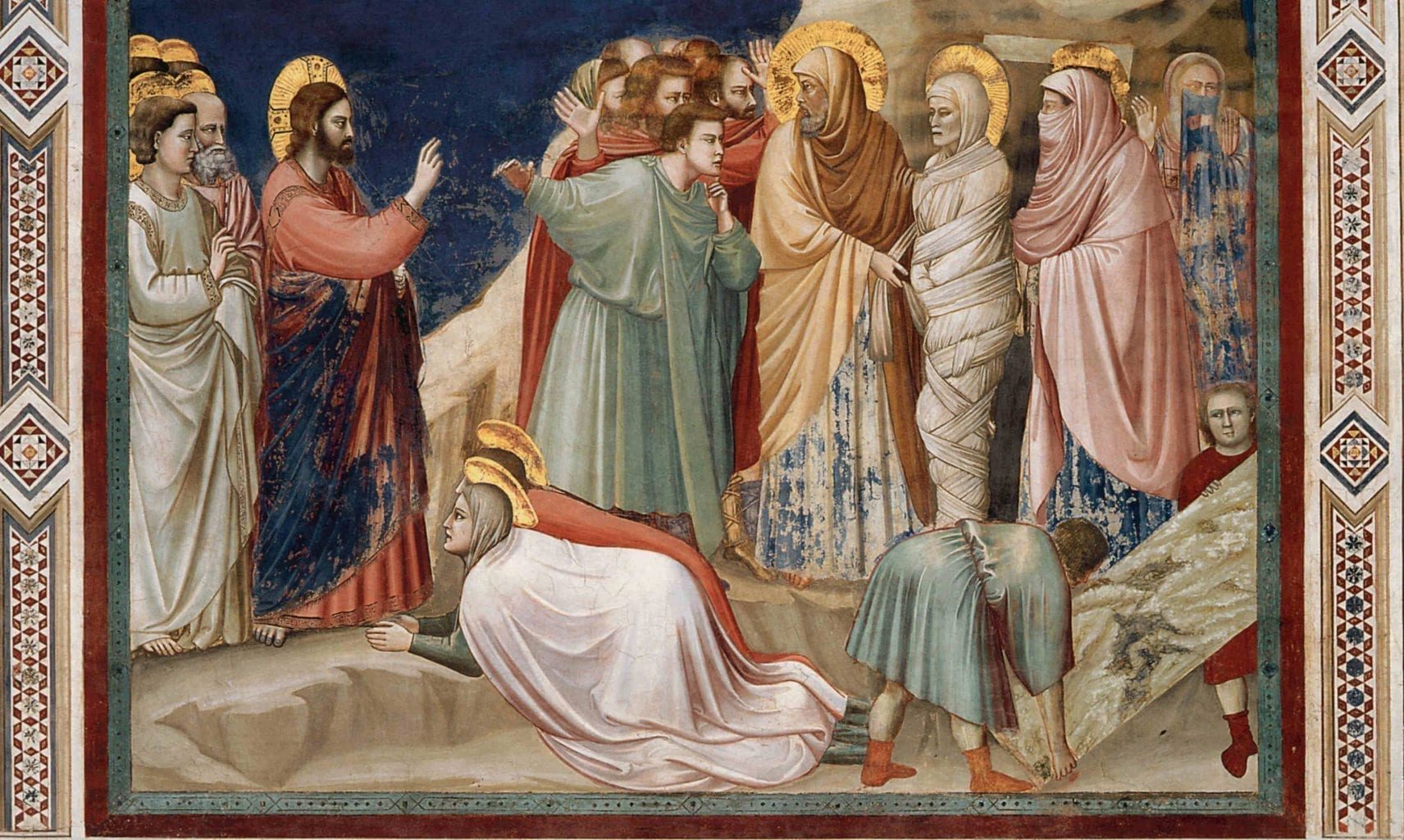 The resurrection of Lazarus, painted by Giotto di Bondone for the Scrovegni (Arena) Chapel, in Padua, Italy, circa 1304-06.