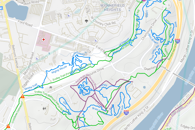 Mapping of the mountain biking trails at Belmont Plateau, just north of Center City Philadelphia, Pennsylvania