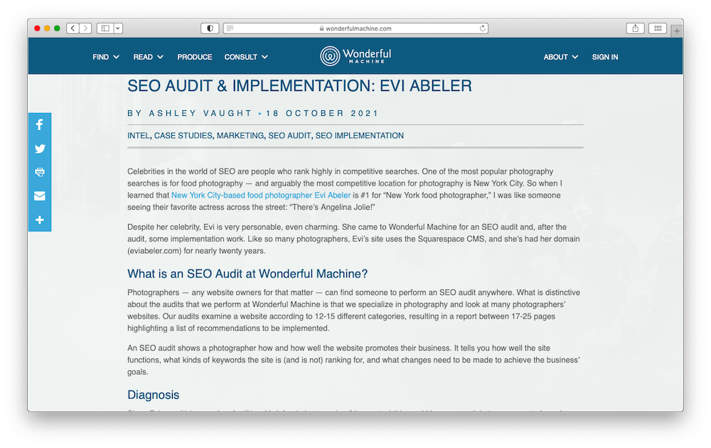 Screenshot of the case study of Evi Abeler's SEO audit and implementation