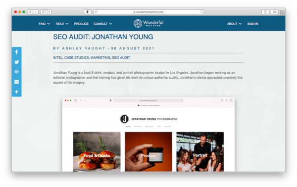 Screenshot of an SEO case study for Jonathan Young on the WonderfulMachine.com website