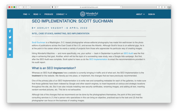 Screenshot of an SEO implementation case study for Scott Suchmanxx on the WonderfulMachine.com website