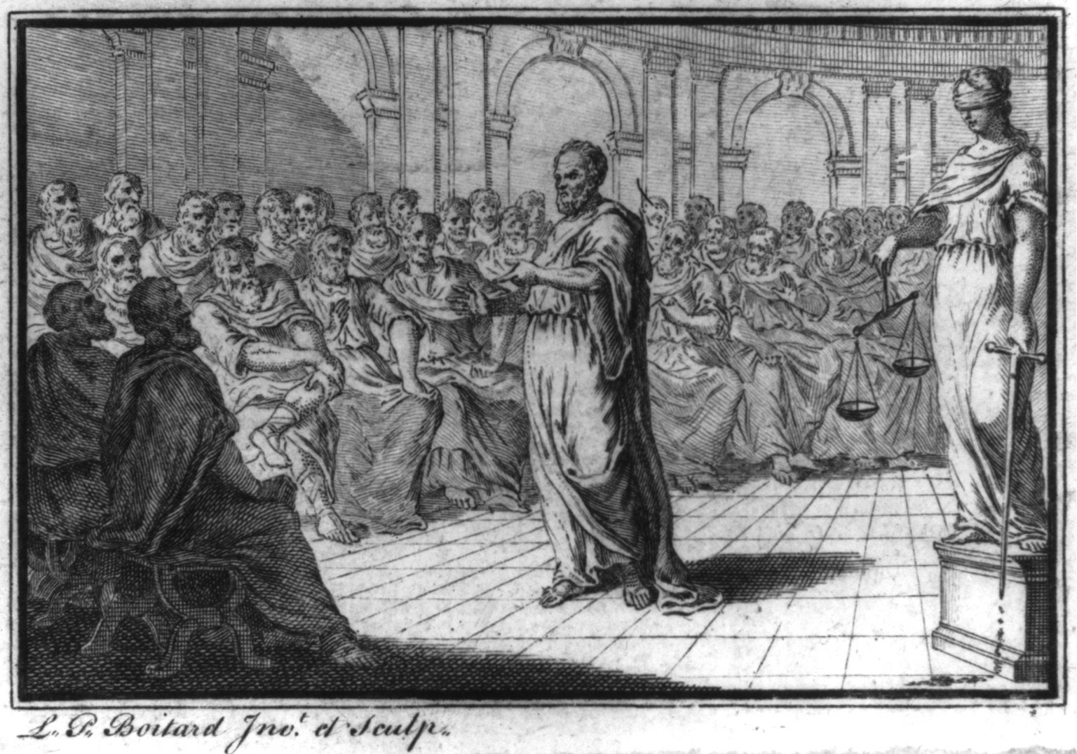 Socrates on trial in an 18th-century engraving by Louis Peter Boitard