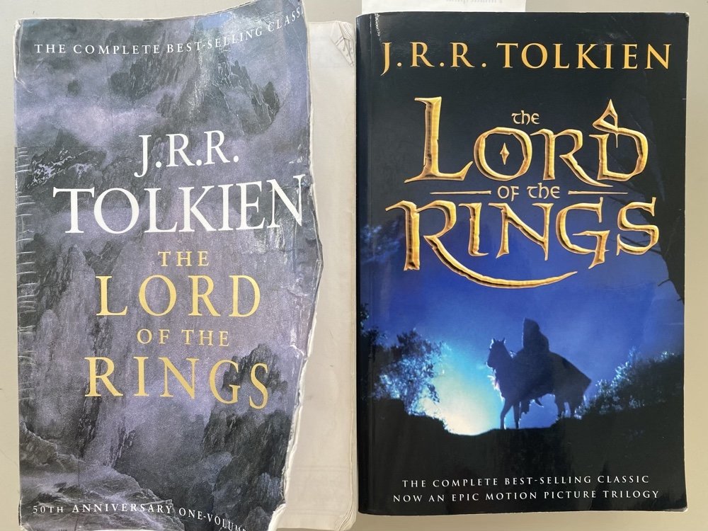 Covers of two different editions of the one-volume version of the Lord of the Rings (before and after the films)