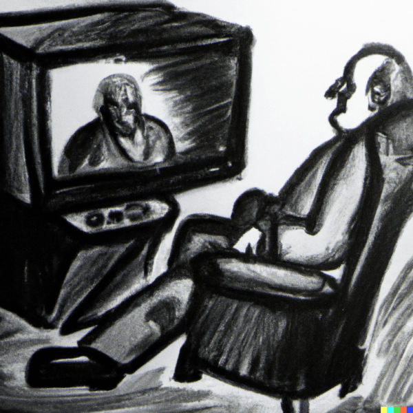 a charcoal drawing of an old man watching a movie on his small television set