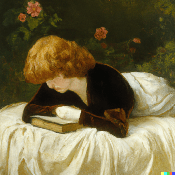 Pre-Raphaelite painting of a young person reading while laying on his stomach