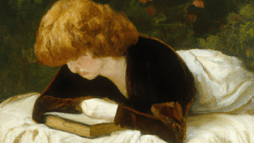 Pre-Raphaelite rendering of a person reading a book on their stomach