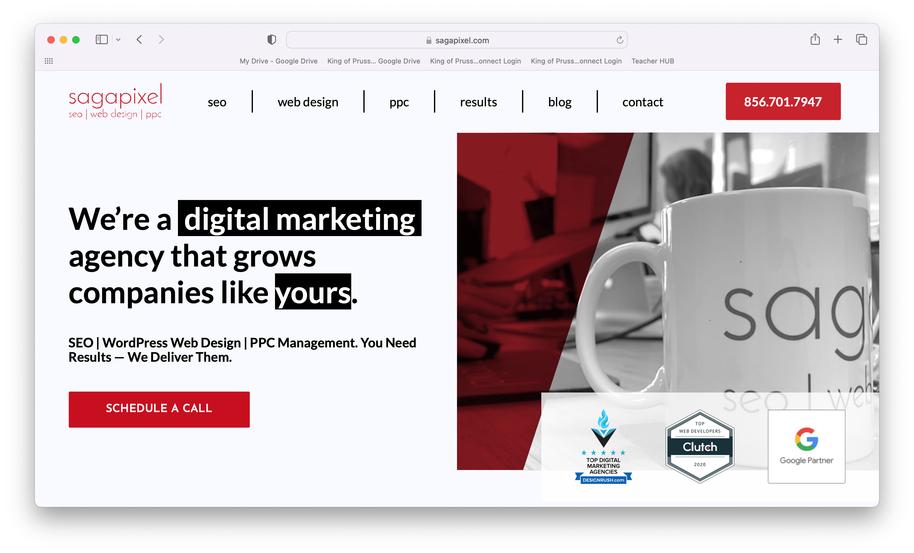 The home page of the SEO company Sagapixel SEO.