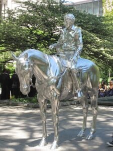 "Horse and Rider&quot, a sculpture by American sculptor Charles Ray, photographed in front of the Art Institute of Chicago 