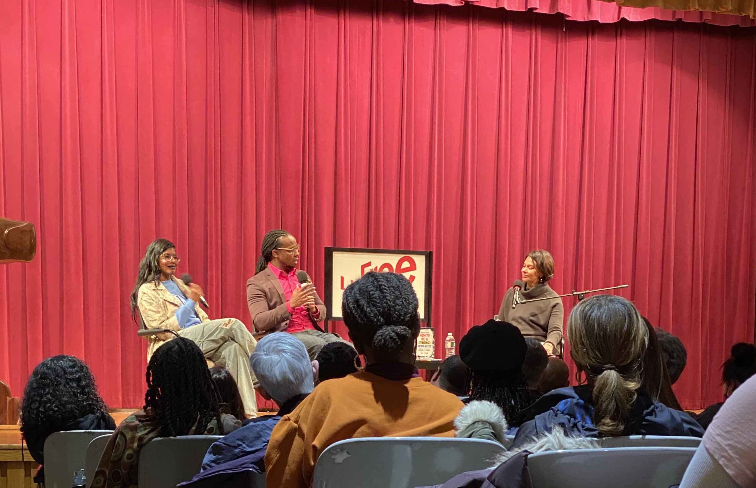 Nic Stone and Abram X. Kendi in the theater at the Vine street branch of the Free Library of Philadelphia, promoting their new book "How to Be a (Young) Antiracist"