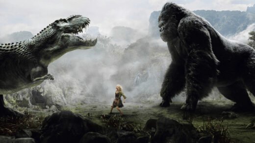 Still from the 2006 Peter Jackson film "King Kong" featuring King Kong and a dinosaur profoundly resembling the Tyrannosaurus Rex