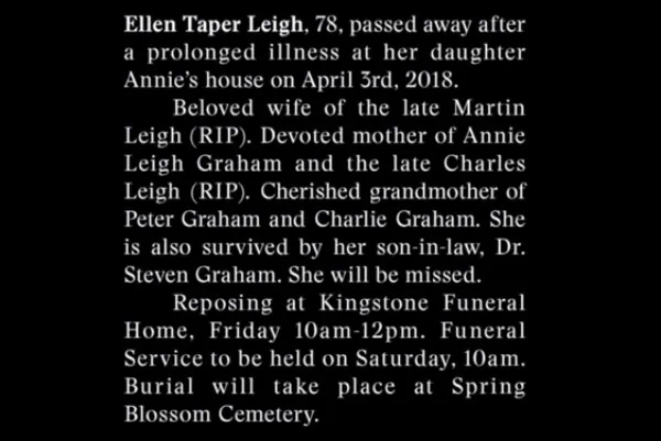 Screen image from the 2018 film "Hereditary" of the published obituary for the grandmother.