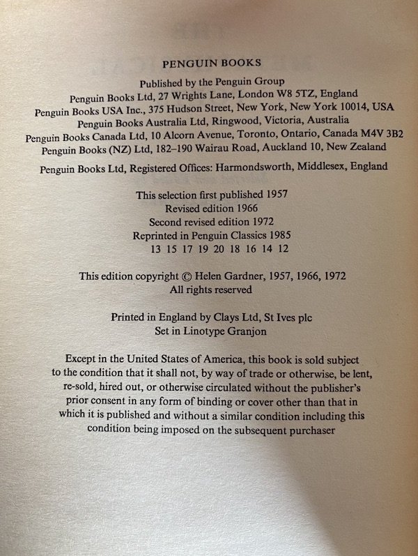 Title page of 12th printing of 1985 Penguin edition The Metaphysical Poets
