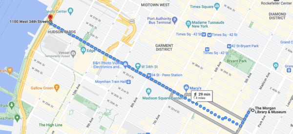 Google Maps directions for walking from the Megabus depot to the Morgan Library & Museum