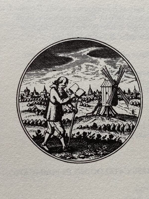 Black and white print of a man in a field with a book, before a windmill on the title page of the Carlo Ginzburg book "The Cheese and the Worms"