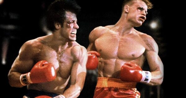 Still from the final, triumphant boxing scene in the 1985 American Cold War propaganda film "Rocky IV"
