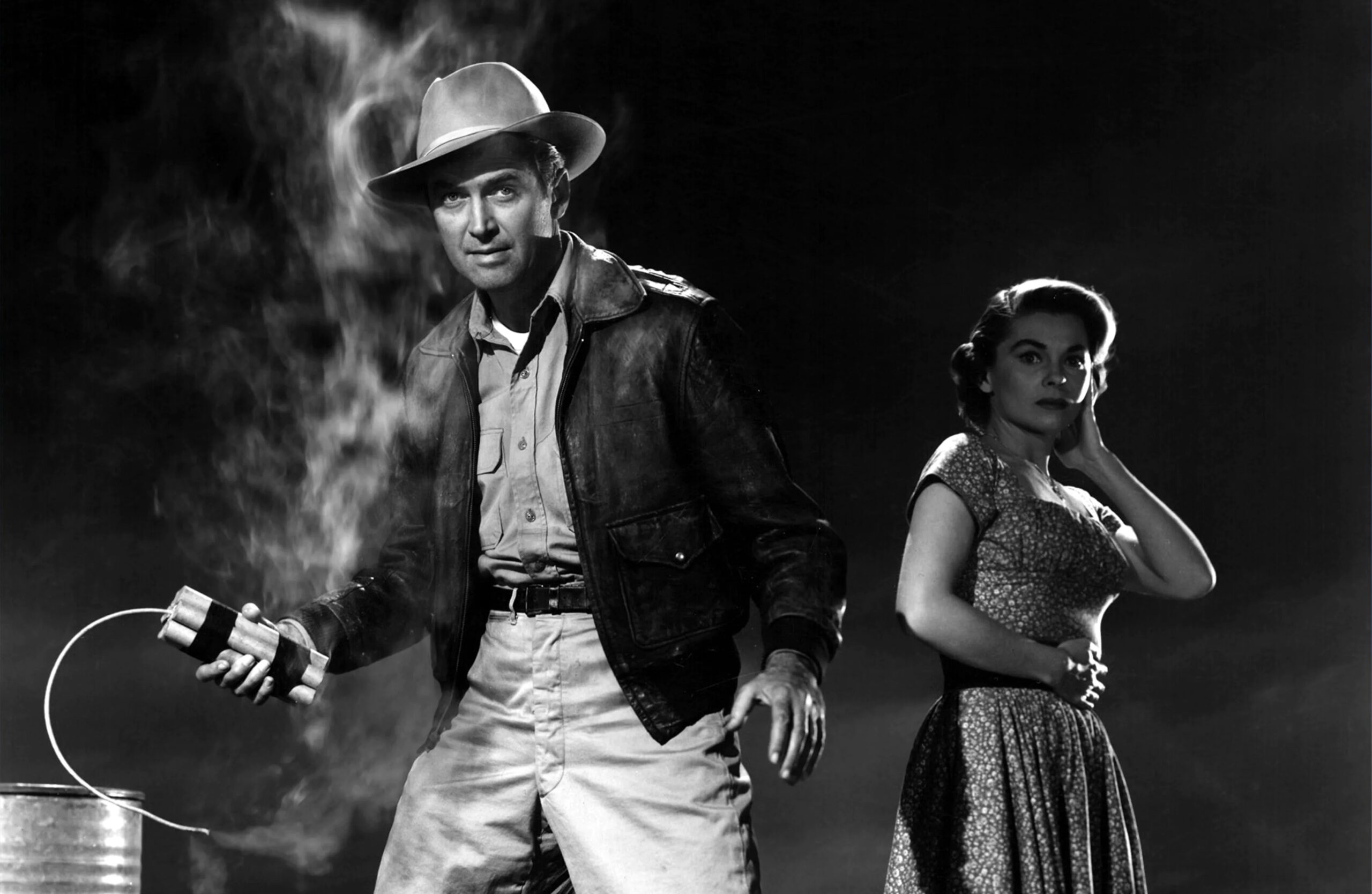 Black and white promotional image from the 1953 Anthony Mann film "Thunder Bay", starring James Stewart