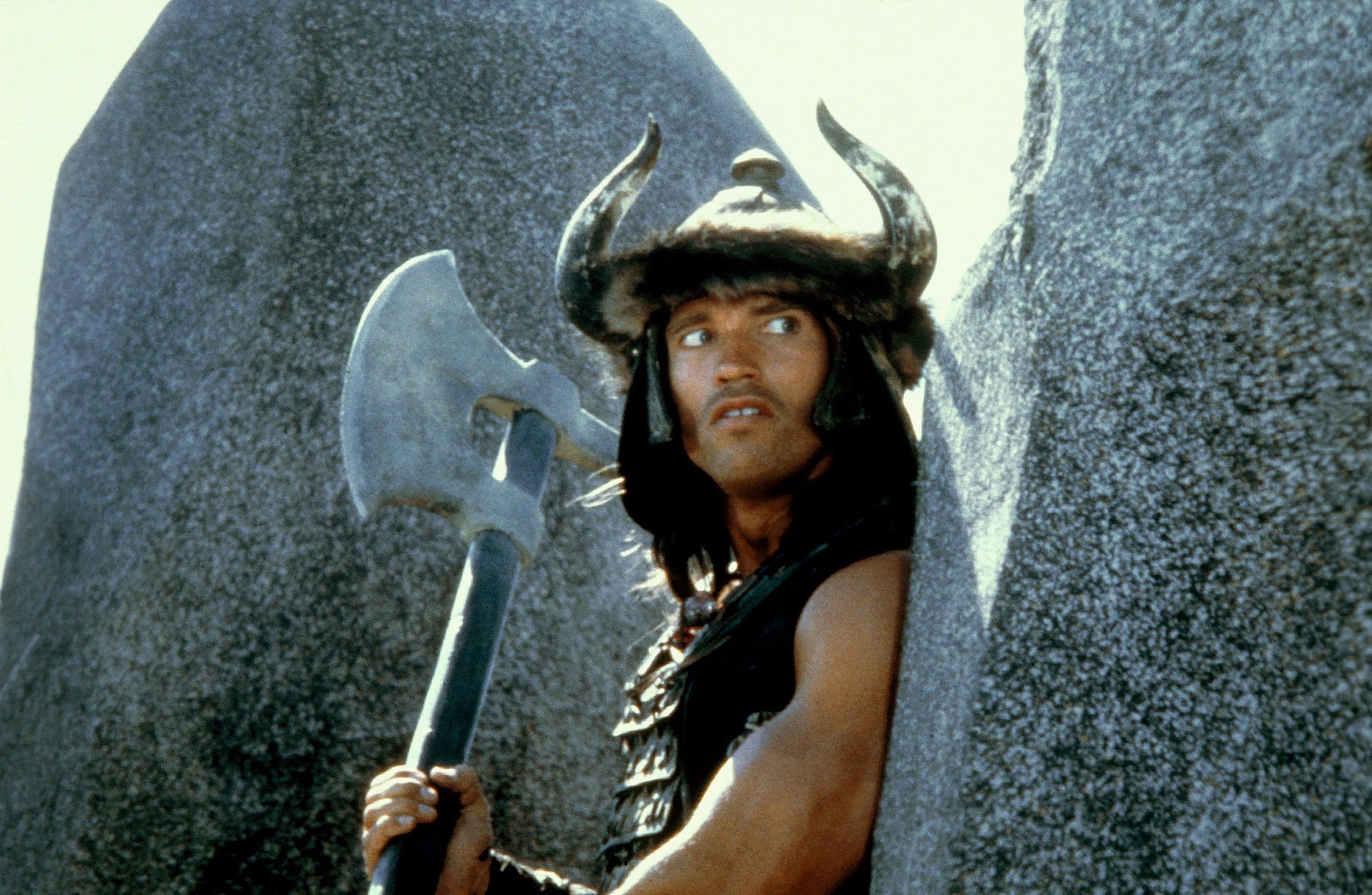 Still from 1982 film Conan in which the main character awaits a phalanx of attackers