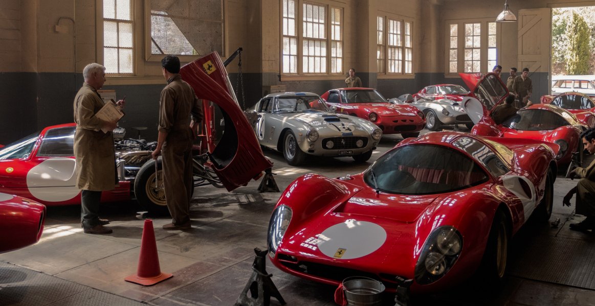 Still from Ford v Ferrari, inside the Ferrari workshop