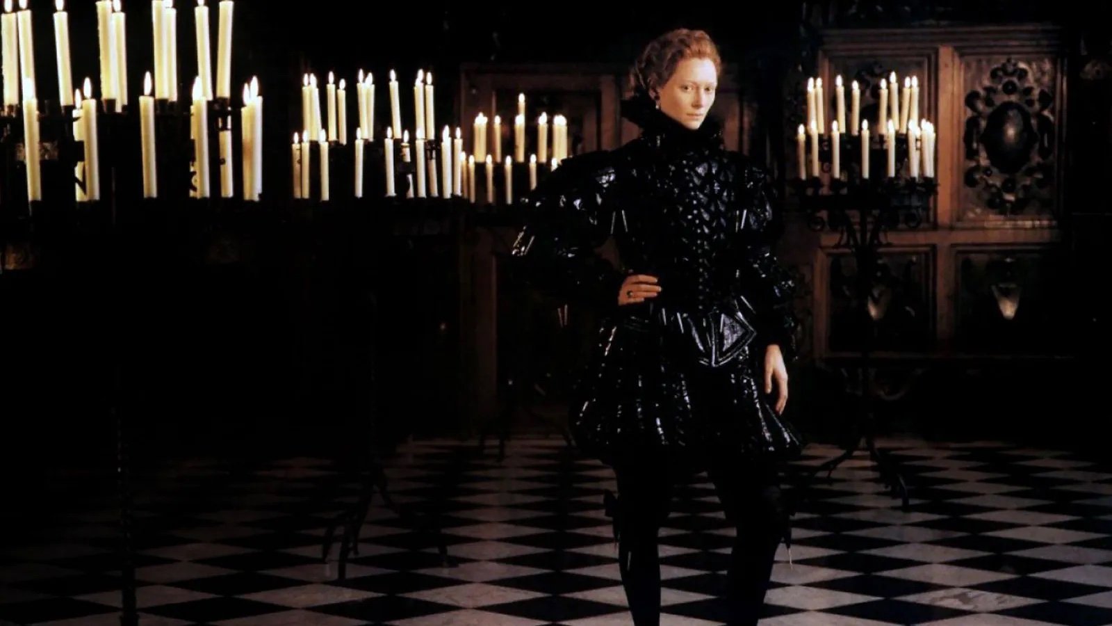 Still from the film Orlando, starring Tilda Swinton, with the title character in lovely gothic surroundings