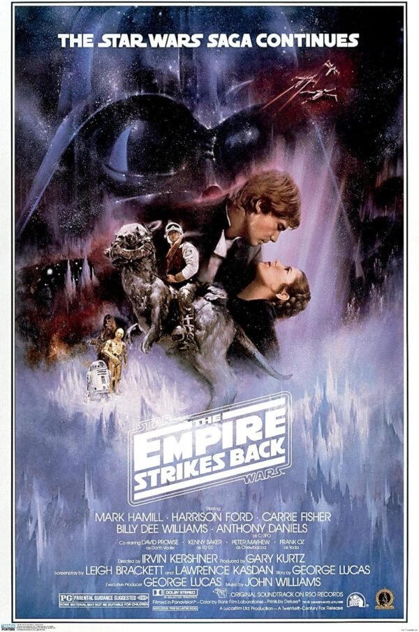 Original poster for the 1980 film The Empire Strikes Back, being episode 5 in the Star Wars saga.