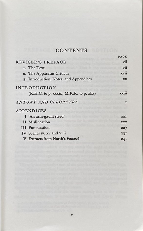 Table of contents for the Arden Shakespeare's second series edition of Antony and Cleopatra, edited by M.R. Ridley