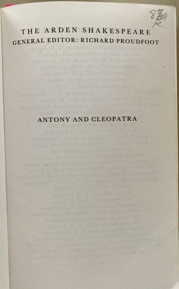 Another title page from the Arden Shakespeare's second series edition of Antony and Cleopatra, edited by M.R. Ridley