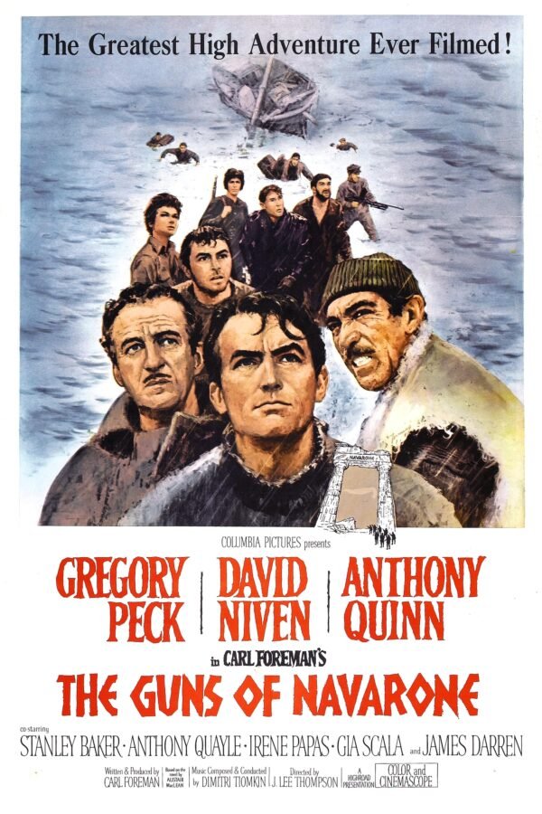 A poster for the 1961 film The Guns of the Navarone, starring Gregory Peck, David Niven, and Anthony Quinn.
