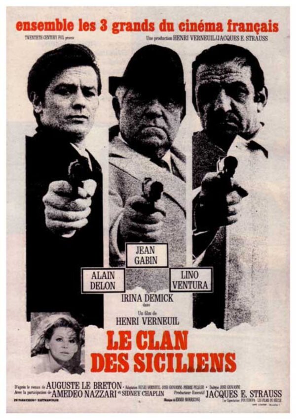 Poster for the 1969 The Sicilian Clan, starring Alain Delon, Jean Gabin, and Lino Ventura