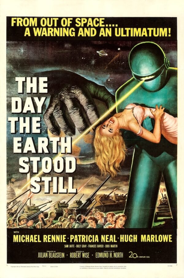 Poster for the 1951 scifi thriller The Day the Earth Stood Still with Michael Rennie and Patricia Neal