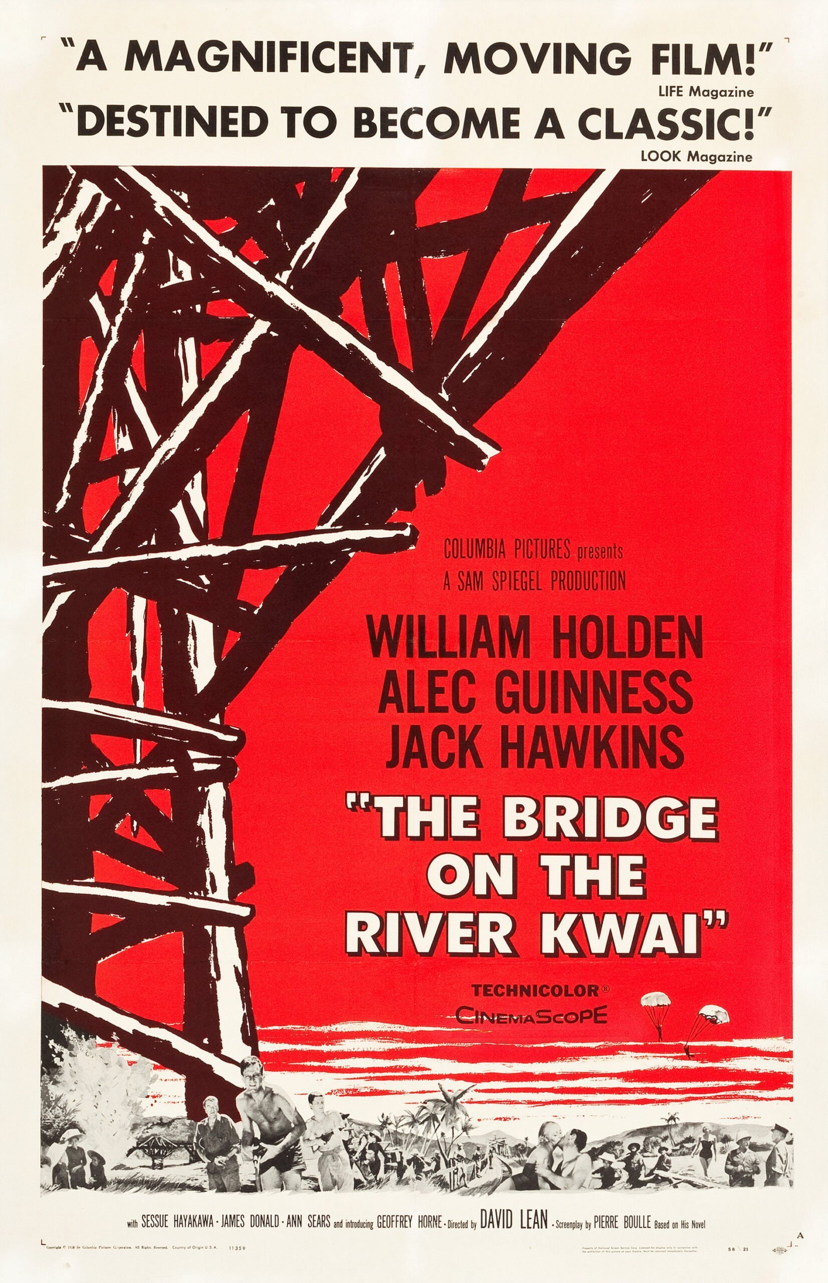 An original poster for the 1957 film The Bridge on the River Kwai, directed by David Lean
