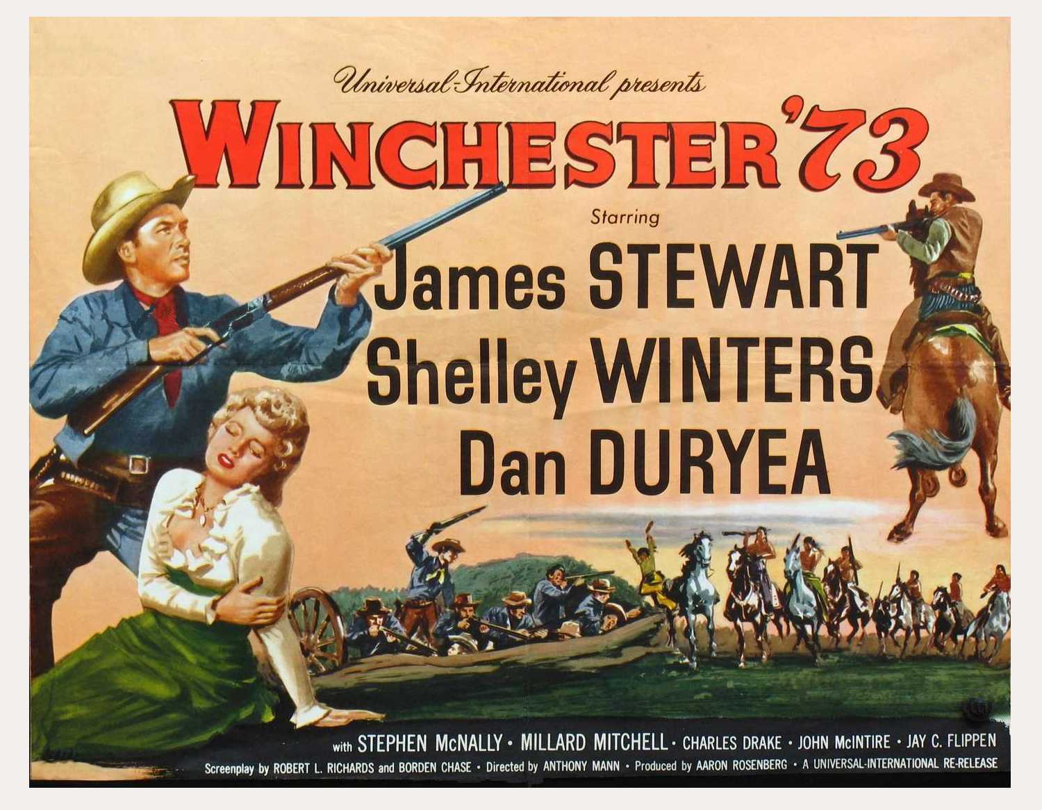Poster for the 1950 Anthony Mann film Winchester '73, starring James Stewart and Shelley Winters