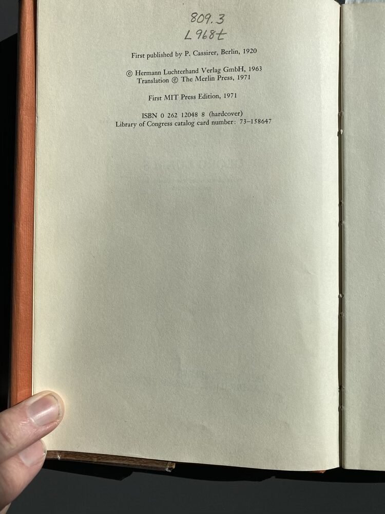 Lukac's "Theory of the Novel", copyright page